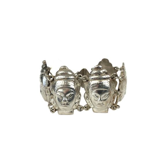 Buddha Head Wide Puff Link Sterling Silver 925 Vintage Repousse Bracelet 8" - Picture 3 of 10